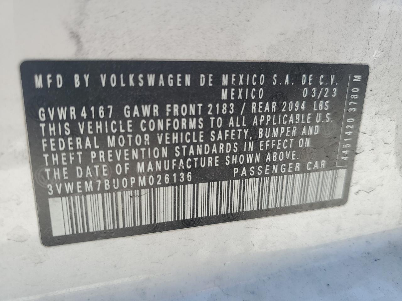 2023 Volkswagen Jetta VIN 3VWEM7BU0PM026136 Copart auction photo, rear end / side damage thumbnail 13