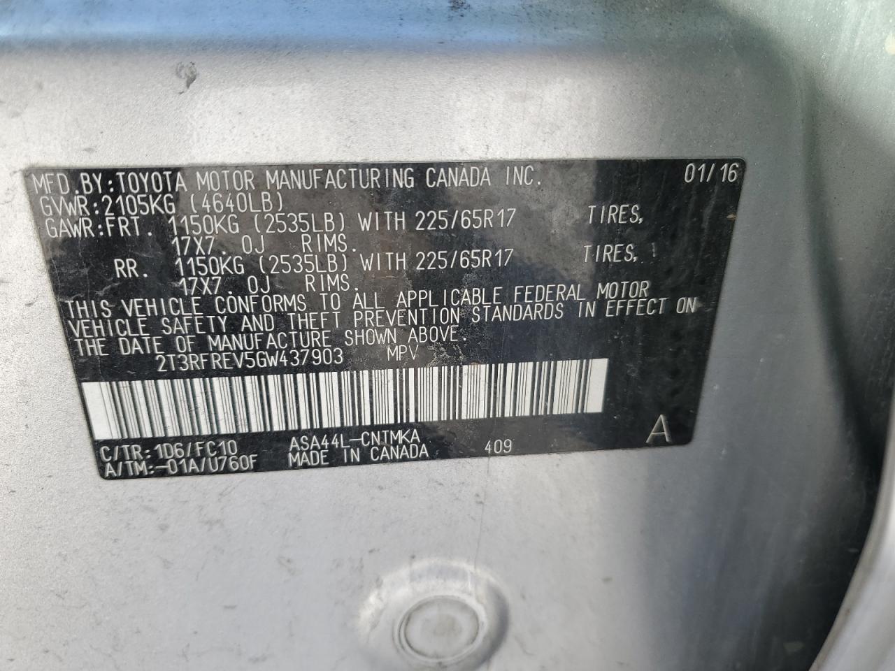 2016 Toyota RAV 4 VIN 2T3RFREV5GW437903 Copart auction photo, front end damage thumbnail 15