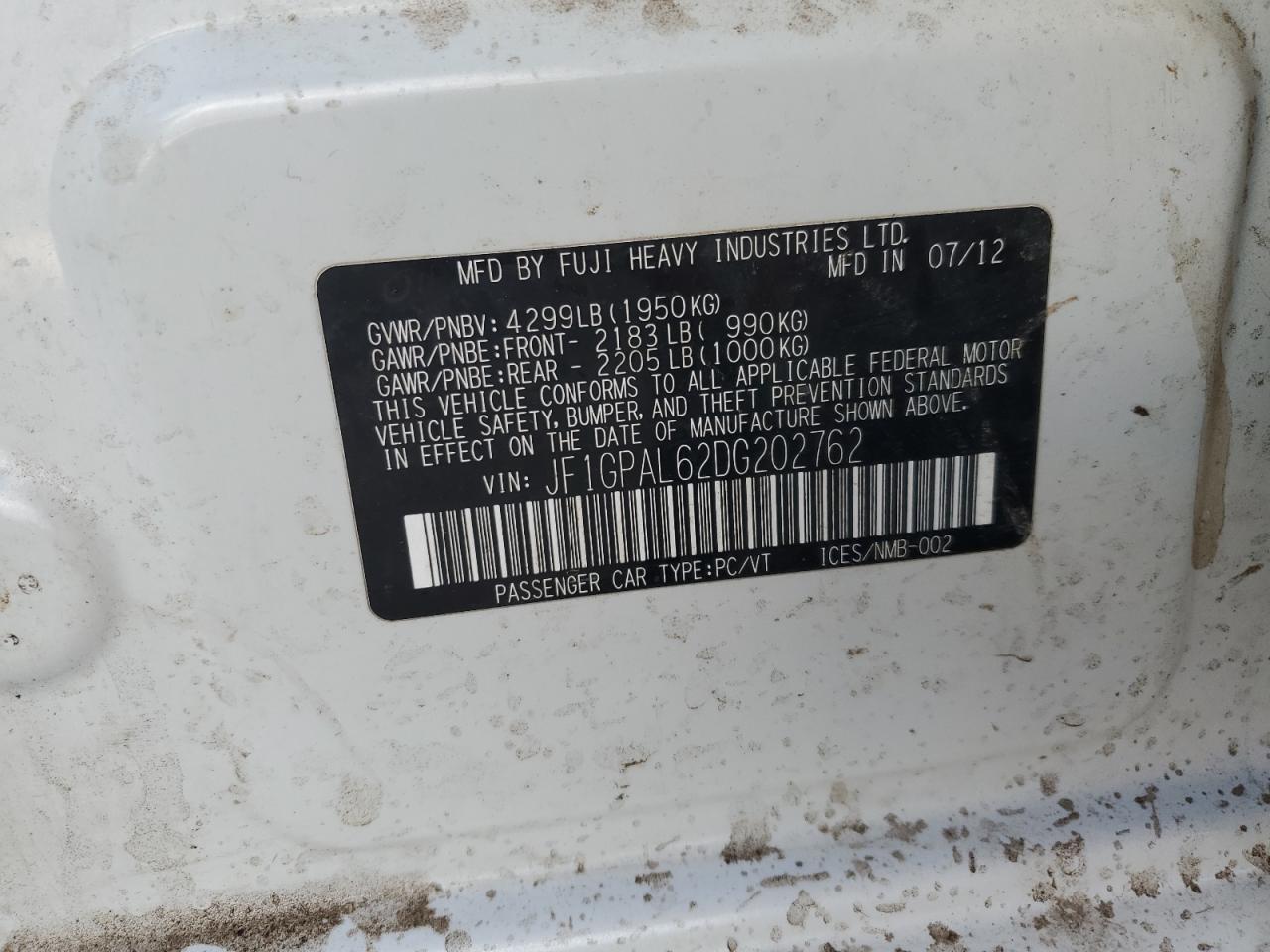 2013 Subaru Impreza VIN JF1GPAL62DG202762 Copart auction photo, vandalism damage thumbnail 12