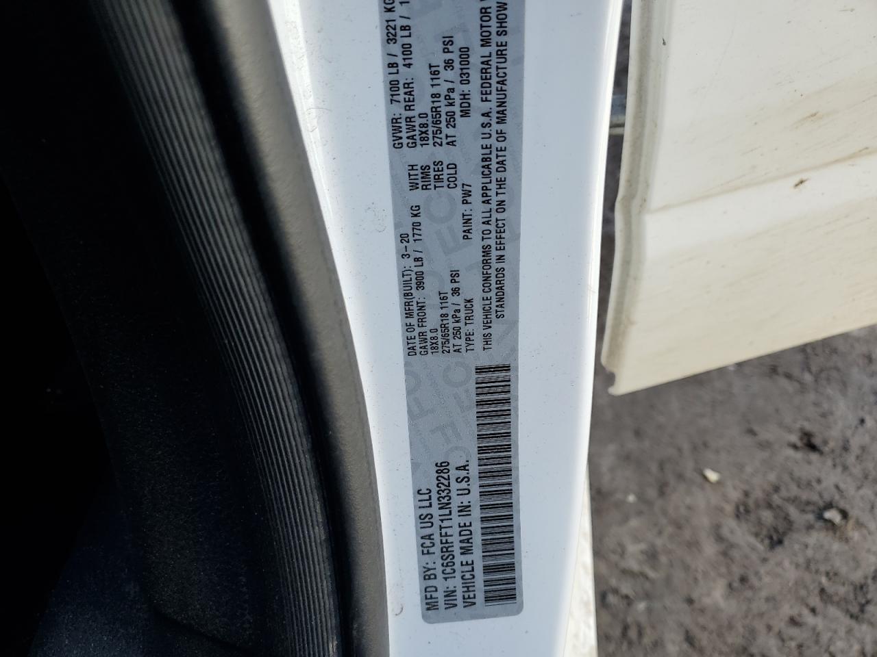 2020 RAM 1500 VIN 1C6SRFFT1LN332286 Copart auction photo, front end damage thumbnail 14