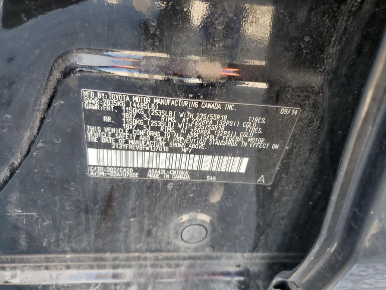 2015 Toyota RAV 4 VIN 2T3YFREV9FW137016 Copart auction photo, front end damage thumbnail 13