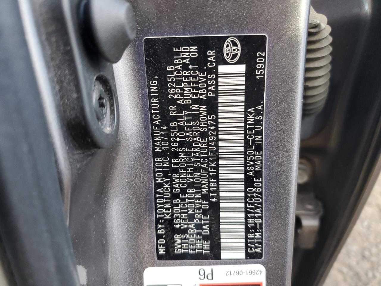 2015 Toyota Camry VIN 4T1BF1FK1FU492475 Copart auction photo, side / minor dent/scratches damage thumbnail 12