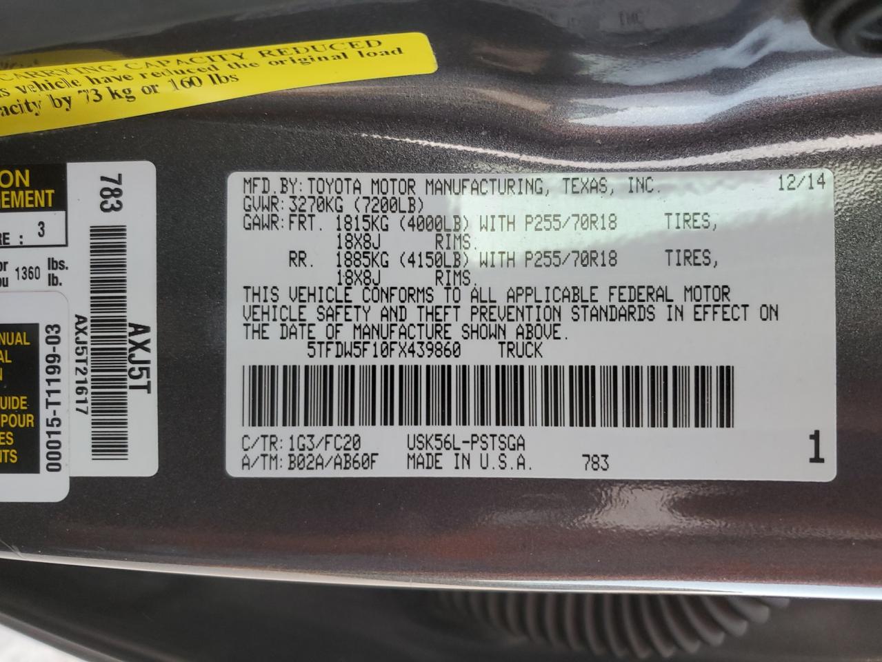 2015 Toyota Tundra VIN 5TFDW5F10FX439860 Copart auction photo, front end damage thumbnail 14