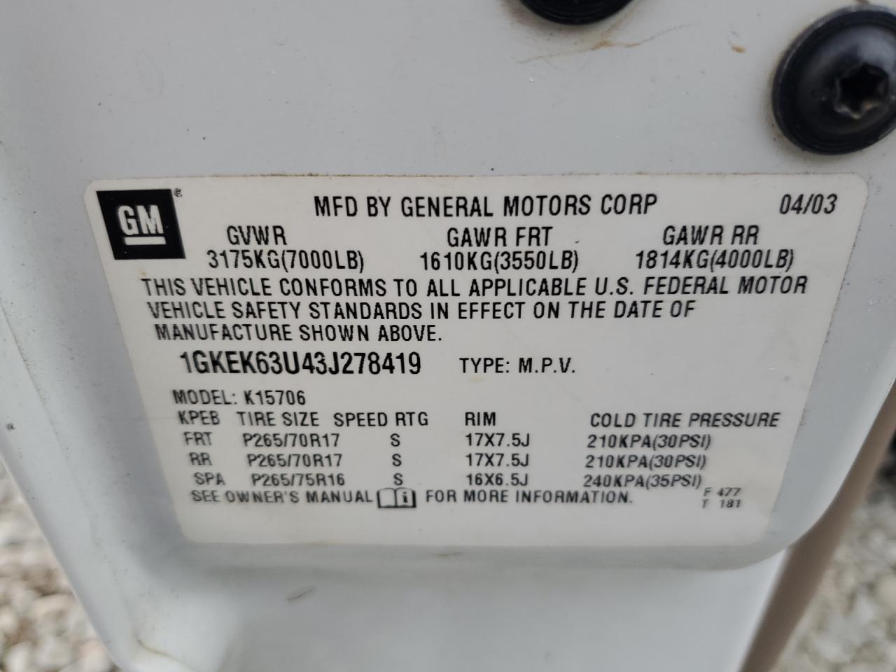 2003 GMC Yukon VIN 1GKEK63U43J278419 Copart auction photo, front end damage thumbnail 13