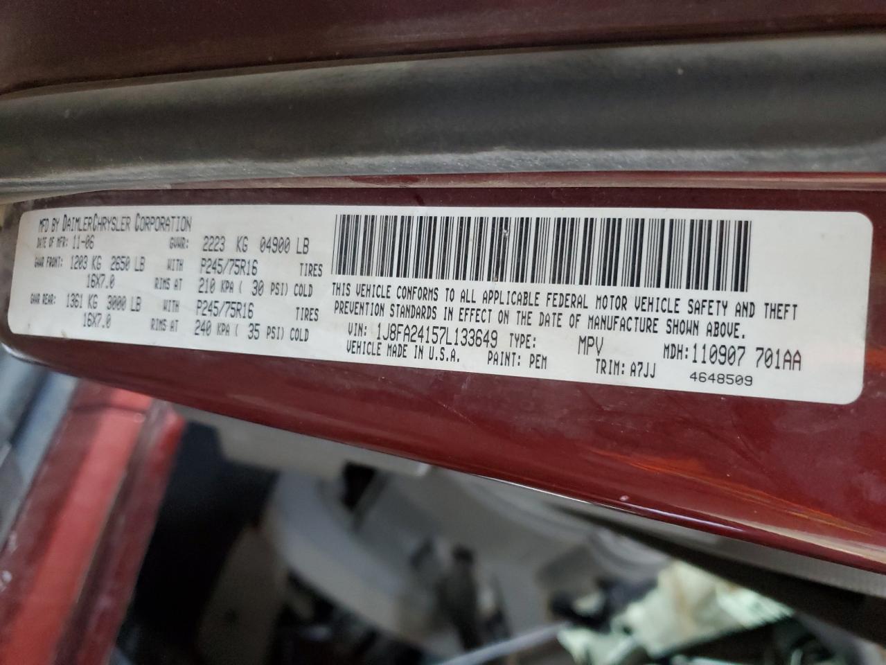 2007 Jeep Wrangler VIN 1J8FA24157L133649 Copart auction photo, front end damage thumbnail 12