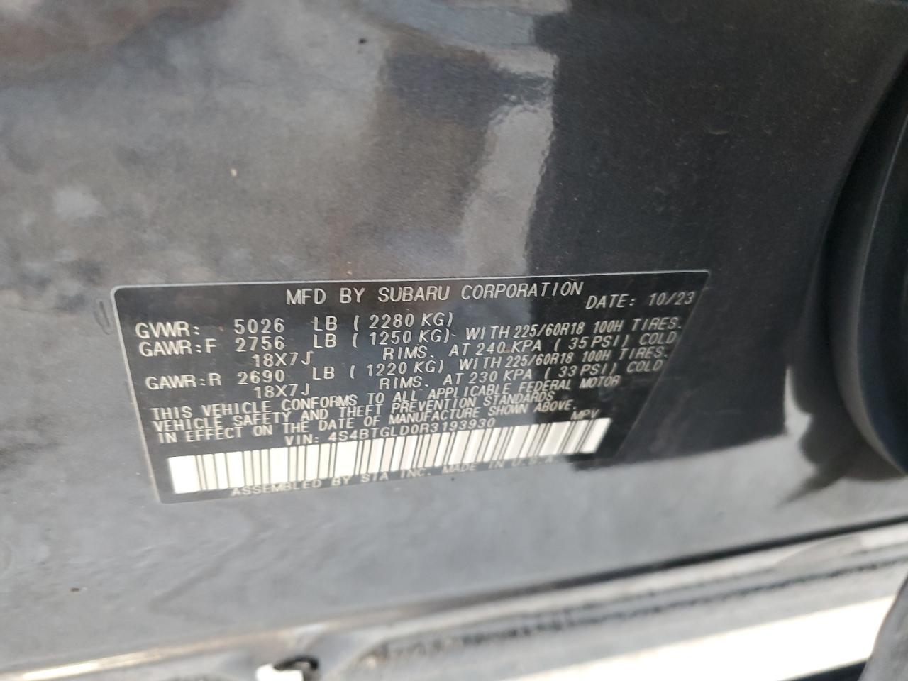 2024 Subaru Outback VIN 4S4BTGLD0R3193930 Copart auction photo, front end / undercarriage damage thumbnail 13