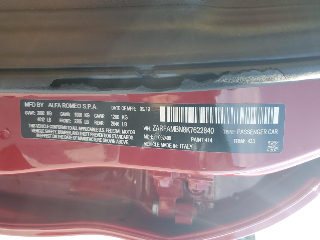 2019 Alfa Romeo Giulia VIN ZARFAMBN8K7622840 Copart auction photo, front end damage thumbnail 12