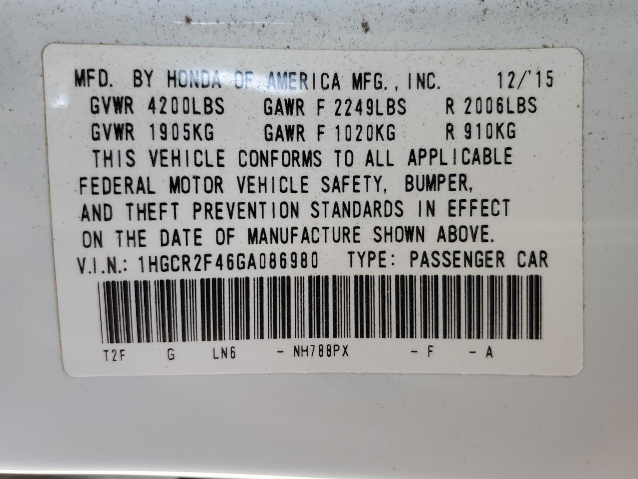 2016 Honda Accord VIN 1HGCR2F46GA086980 Copart auction photo, rear end damage thumbnail 14