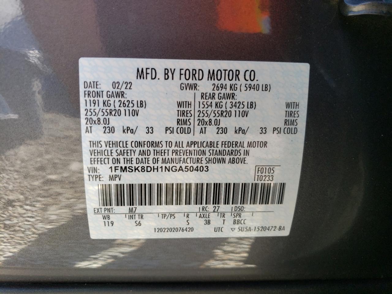 2022 Ford Explorer VIN 1FMSK8DH1NGA50403 Copart auction photo, front end / side damage thumbnail 14