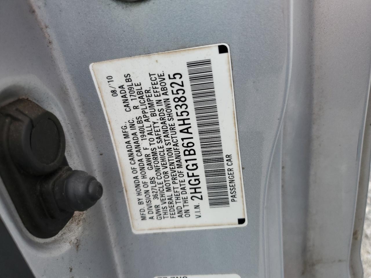 2010 Honda Civic VIN 2HGFG1B61AH538525 Copart auction photo, all over damage thumbnail 12