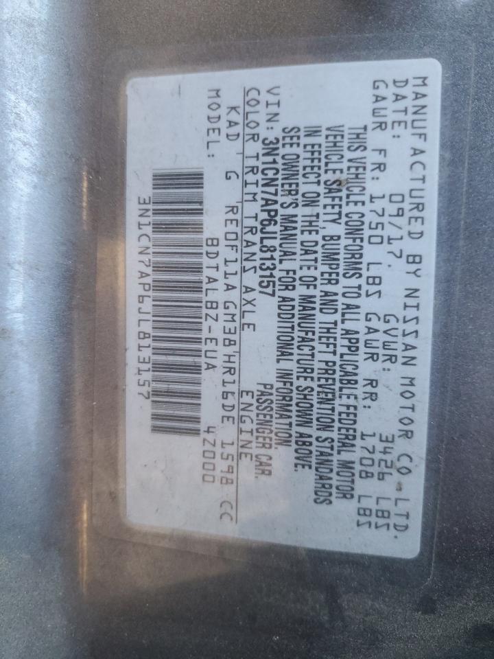 2018 Nissan Versa VIN 3N1CN7AP6JL813157 Copart auction photo, rear end damage thumbnail 12