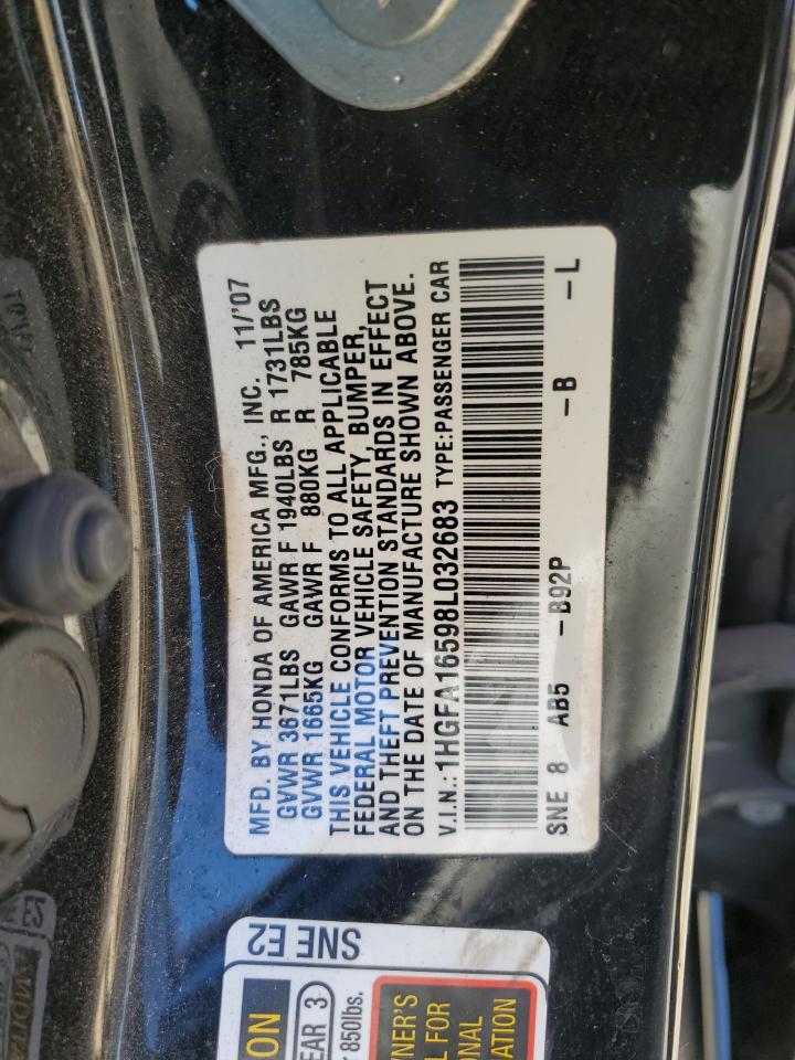 2008 Honda Civic VIN 1HGFA16598L032683 Copart auction photo, front end / minor dent/scratches damage thumbnail 13