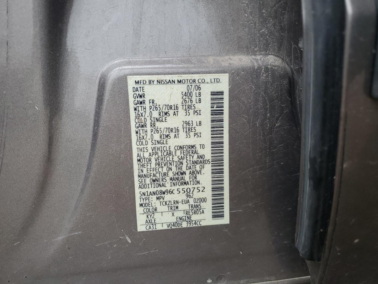 2006 Nissan XTerra VIN 5N1AN08W96C550752 Copart auction photo, front end / side damage thumbnail 14