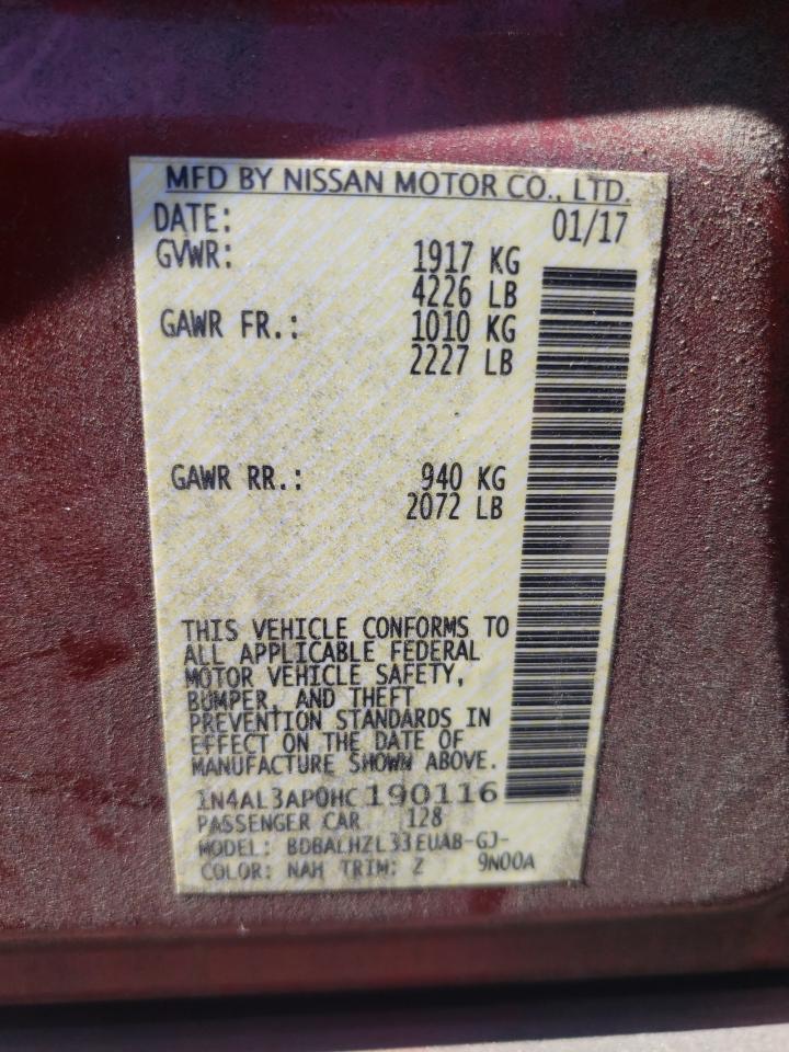 2017 Nissan Altima VIN 1N4AL3AP0HC190116 Copart auction photo, rear end / front end damage thumbnail 12