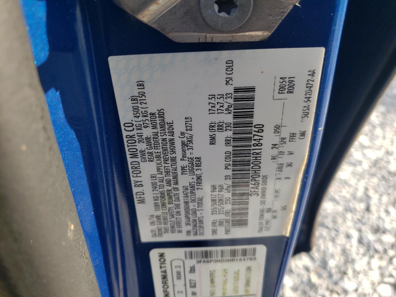 2017 Ford Fusion VIN 3FA6P0HD0HR184760 Copart auction photo, all over damage thumbnail 12