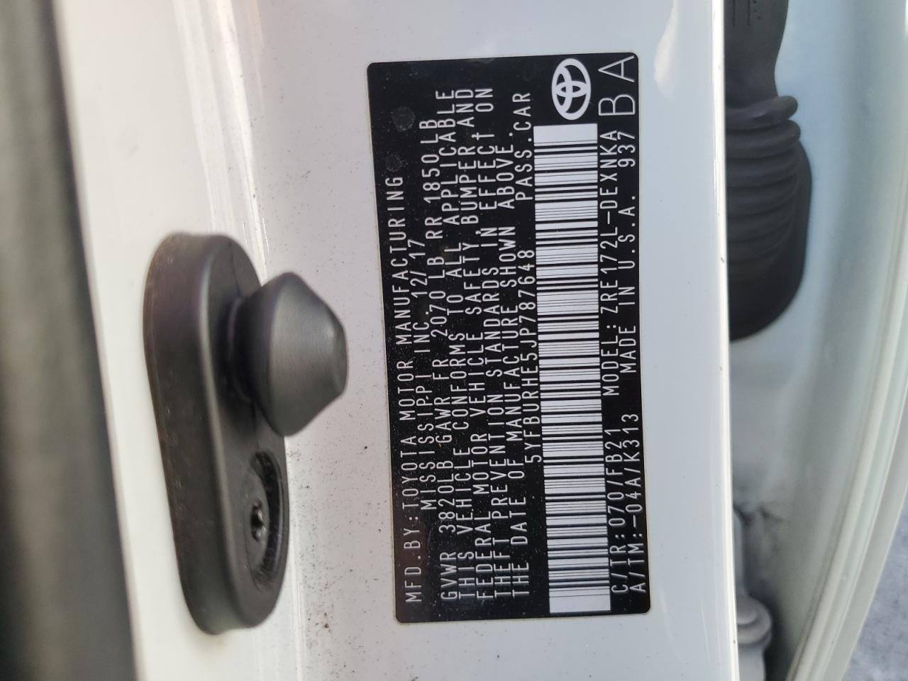 2018 Toyota Corolla VIN 5YFBURHE5JP787648 Copart auction photo, all over / undercarriage damage thumbnail 13
