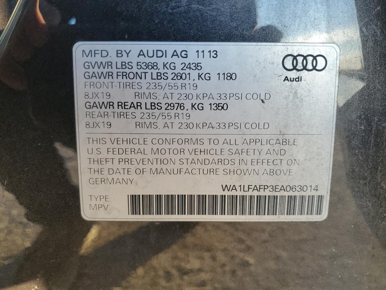2014 Audi Q5 VIN WA1LFAFP3EA063014 Copart auction photo, front end / side damage thumbnail 13