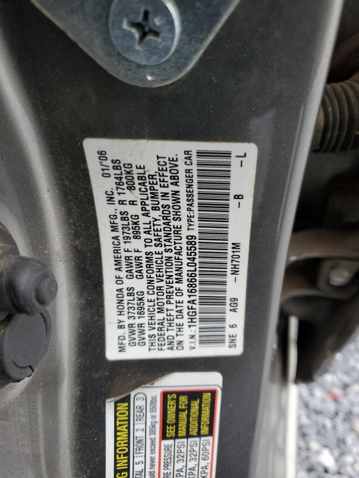 2006 Honda Civic VIN 1HGFA16866L045589 Copart auction photo, rear end / side damage thumbnail 14