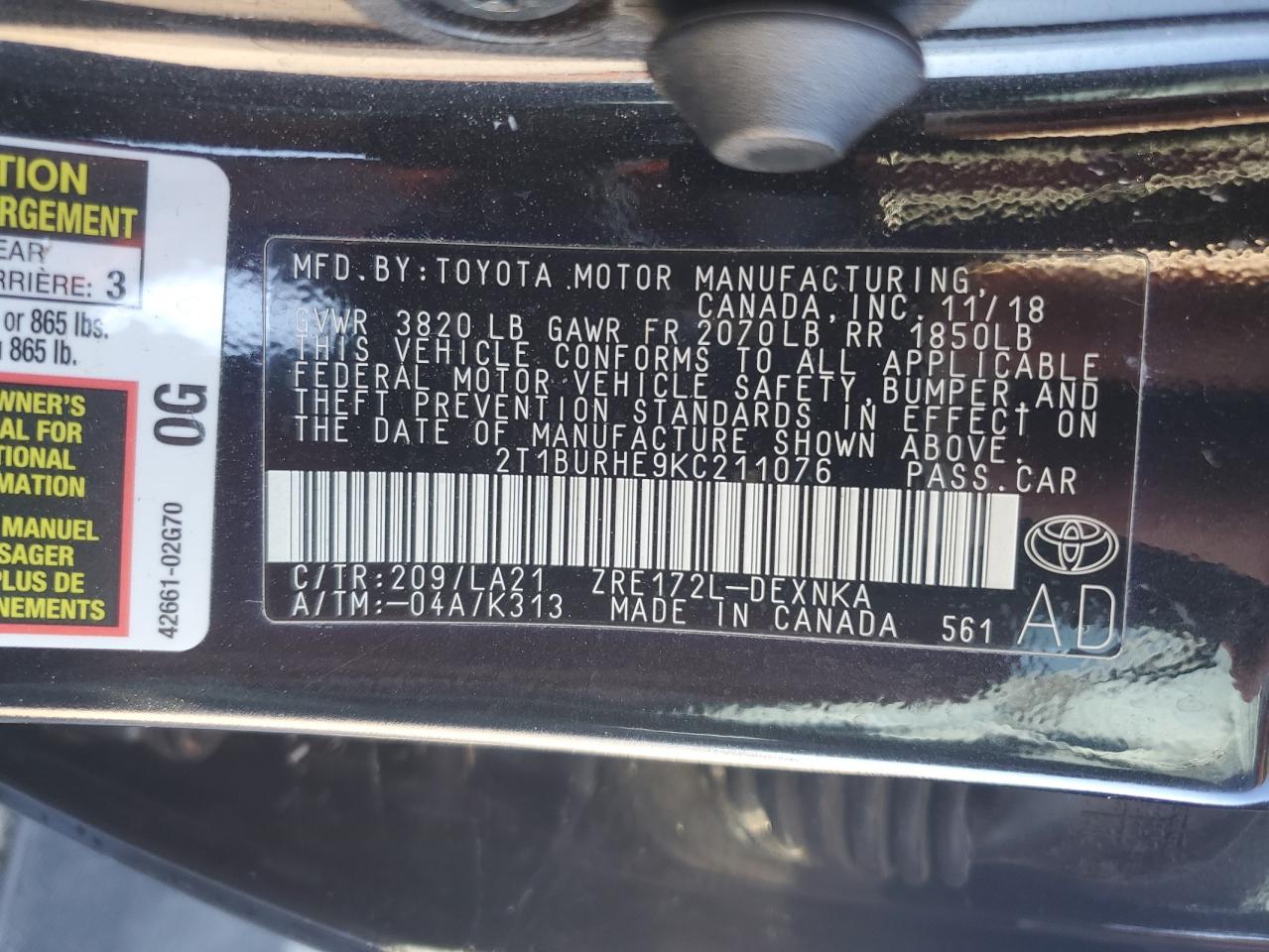 2019 Toyota Corolla VIN 2T1BURHE9KC211076 Copart auction photo, front end damage thumbnail 13