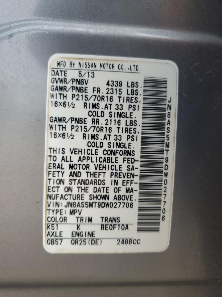2013 Nissan Rogue VIN JN8AS5MT9DW027706 Copart auction photo, front end / side damage thumbnail 15
