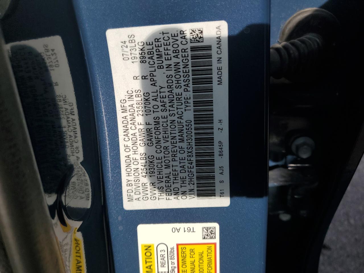 2024 Honda Civic VIN 2HGFE4F8XSH300550 Copart auction photo, front end damage thumbnail 13
