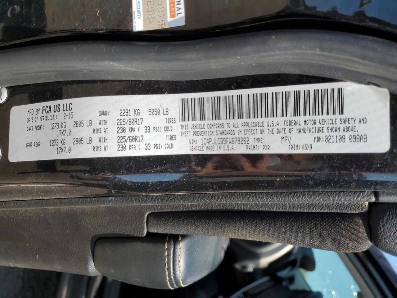 2015 Jeep Grand Cherokee VIN 1C4PJLCB9FW678262 Copart auction photo, all over damage thumbnail 16