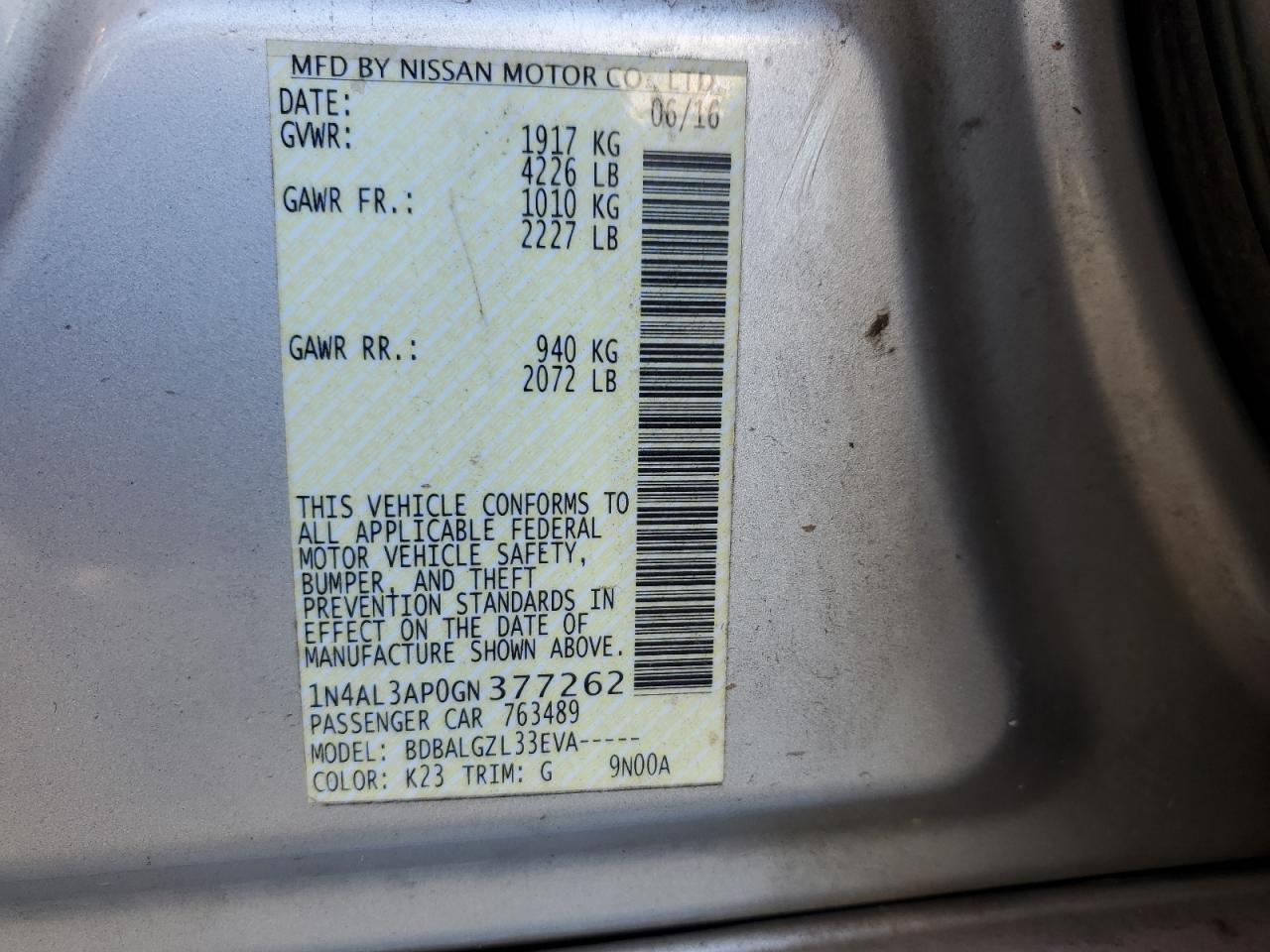 2016 Nissan Altima VIN 1N4AL3AP0GN377262 Copart auction photo, rear end damage thumbnail 13