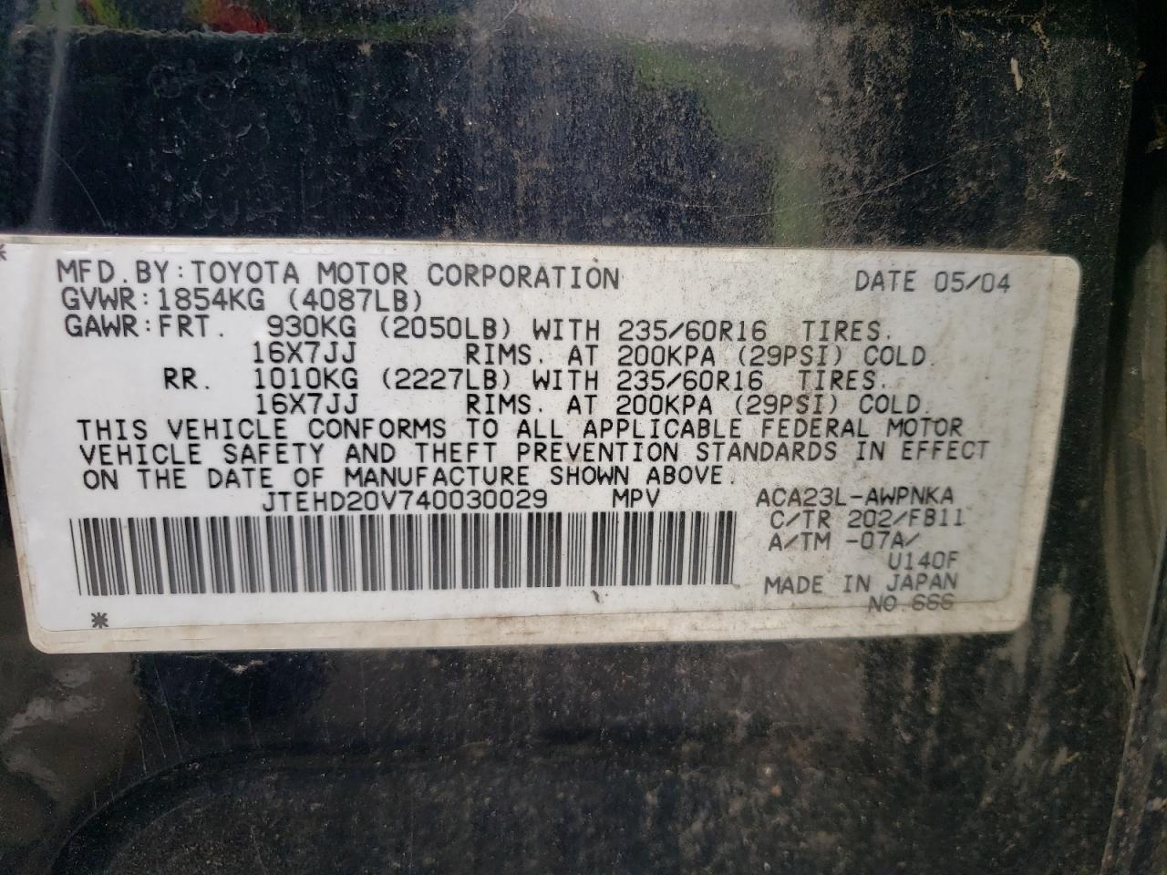 2004 Toyota RAV 4 VIN JTEHD20V740030029 Copart auction photo, mechanical damage thumbnail 13