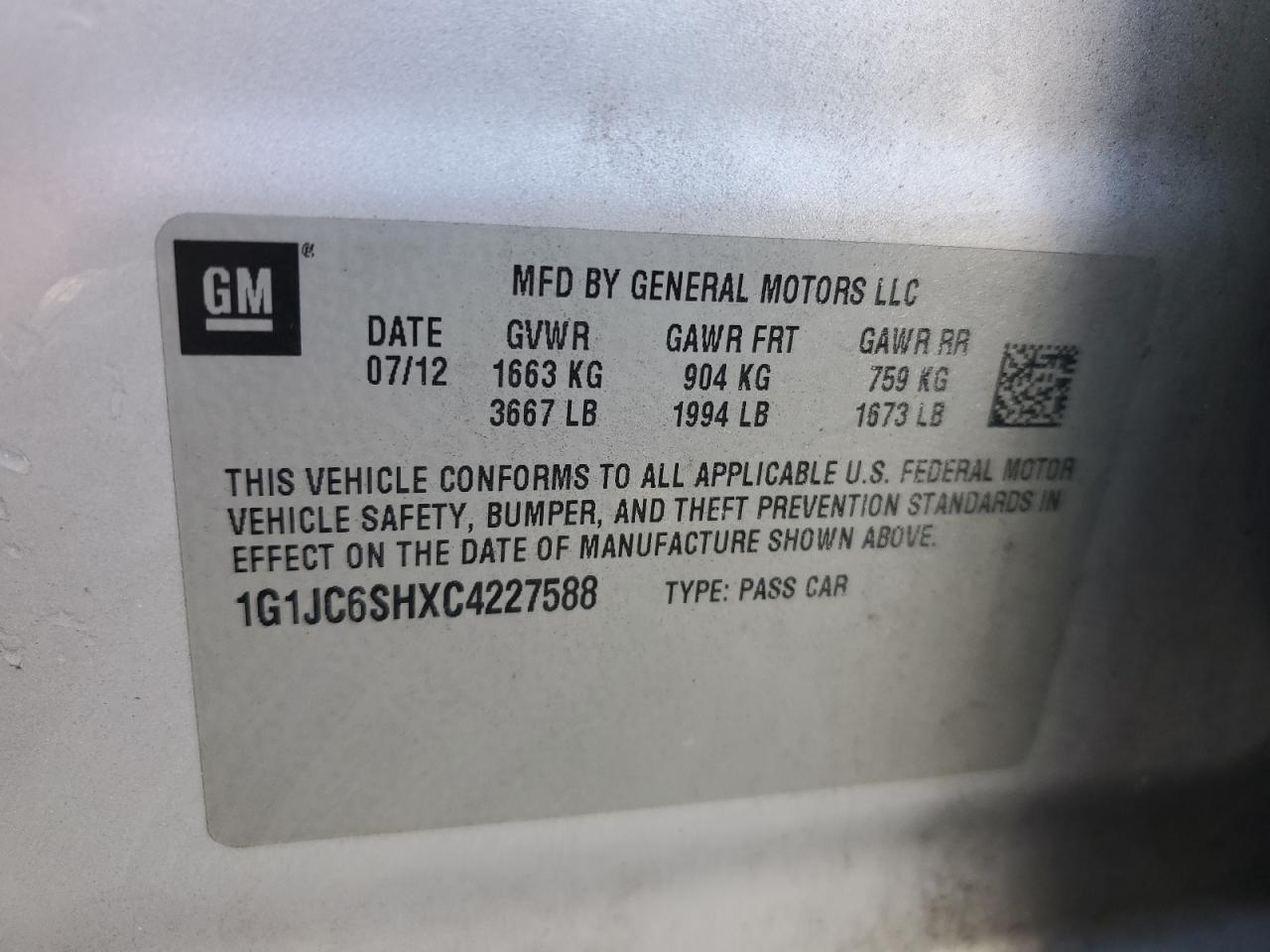 2012 Chevrolet Sonic VIN 1G1JC6SHXC4227588 Copart auction photo, front end damage thumbnail 12