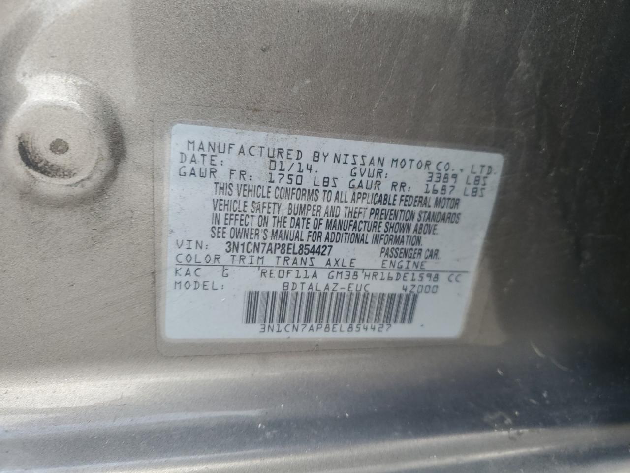 2014 Nissan Versa VIN 3N1CN7AP8EL854427 Copart auction photo, all over damage thumbnail 12