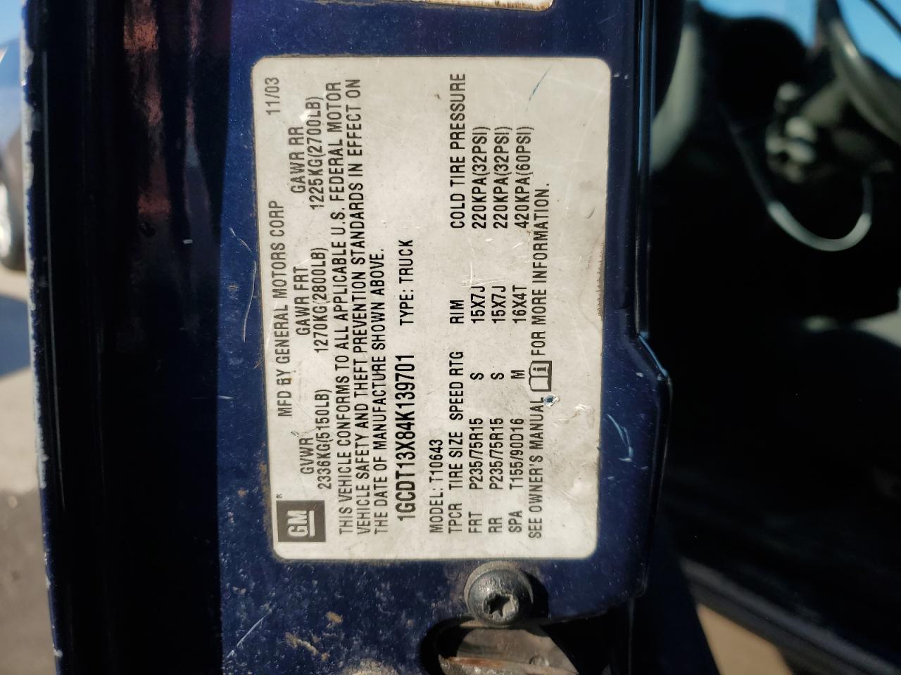 2004 Chevrolet S-10 Pickup VIN 1GCDT13X84K139701 Copart auction photo, side / rear end damage thumbnail 12