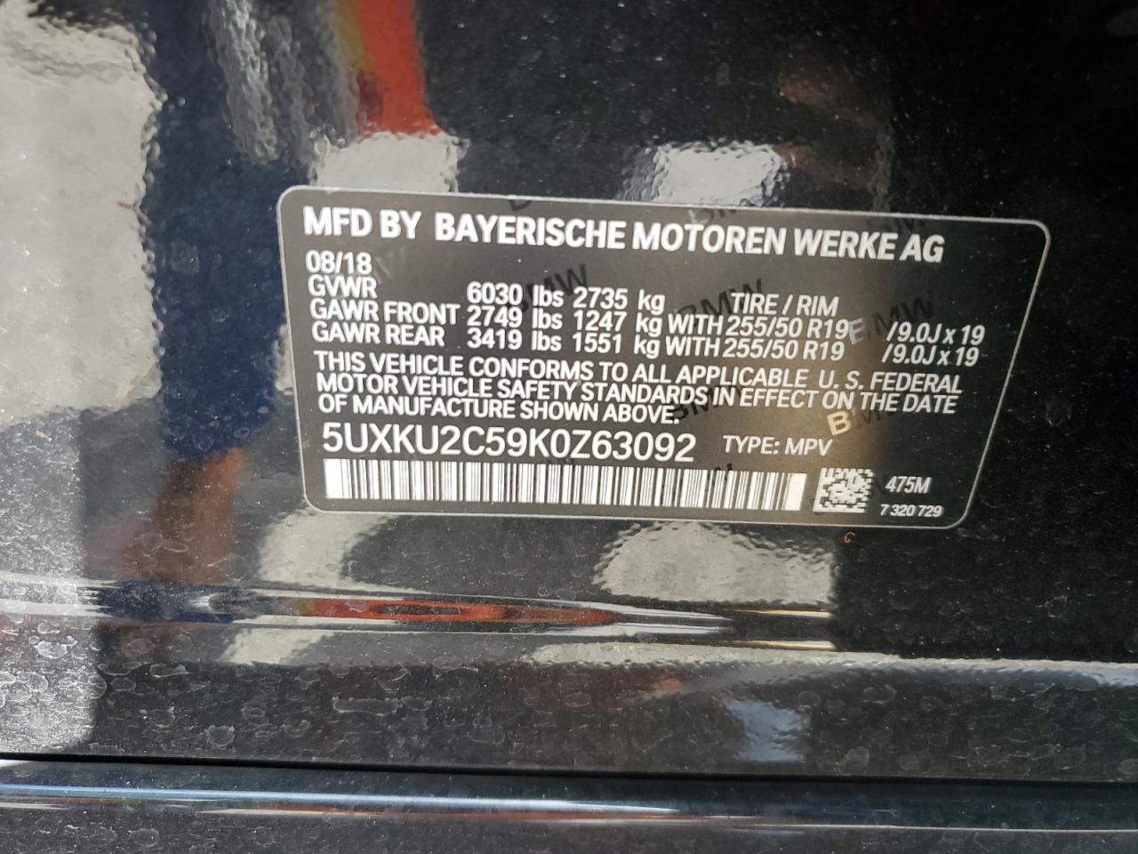 2019 BMW X6 VIN 5UXKU2C59K0Z63092 Copart auction photo, minor dent/scratches damage thumbnail 13