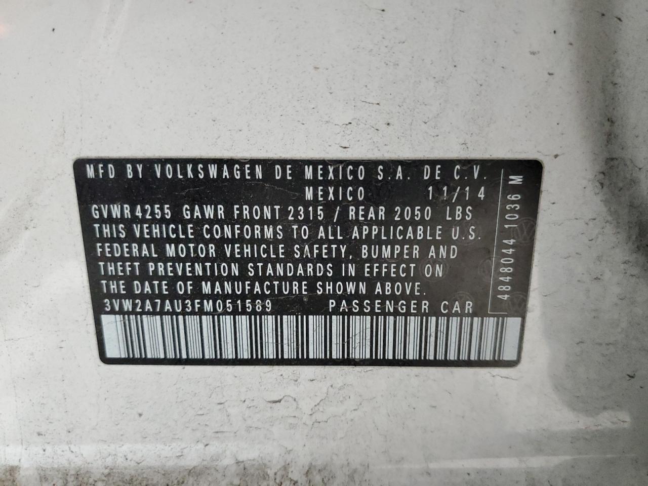 2015 Volkswagen Golf VIN 3VW2A7AU3FM051589 Copart auction photo, front end damage thumbnail 12