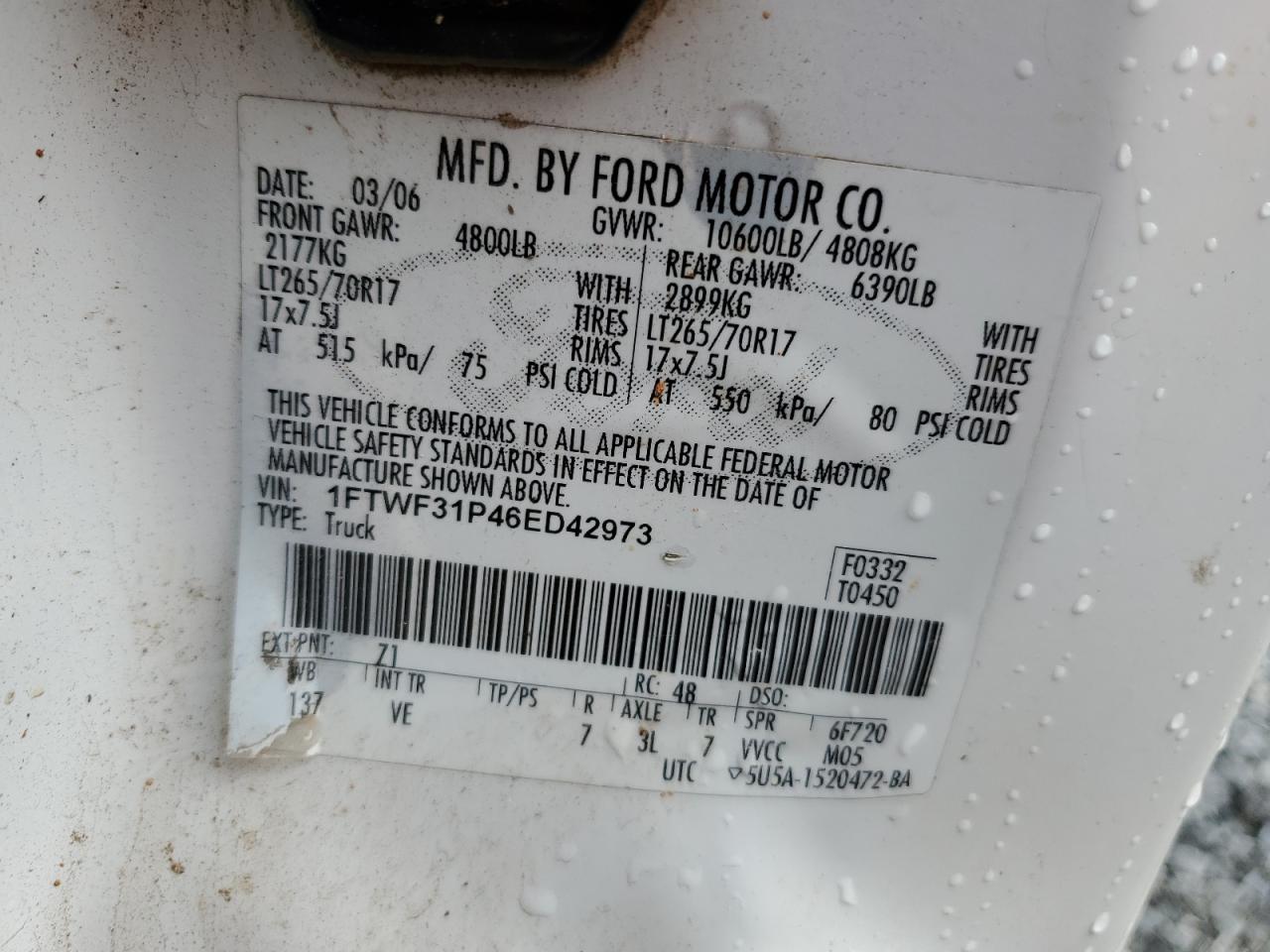 2006 Ford F250 VIN 1FTWF31P46ED42973 Copart auction photo, all over damage thumbnail 12