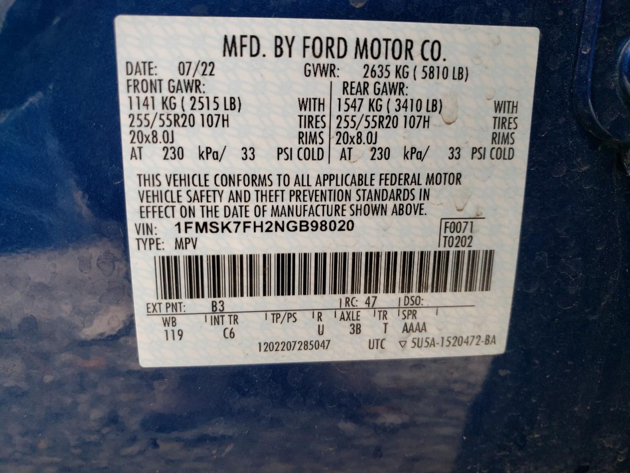 2022 Ford Explorer VIN 1FMSK7FH2NGB98020 Copart auction photo, rear end damage thumbnail 14