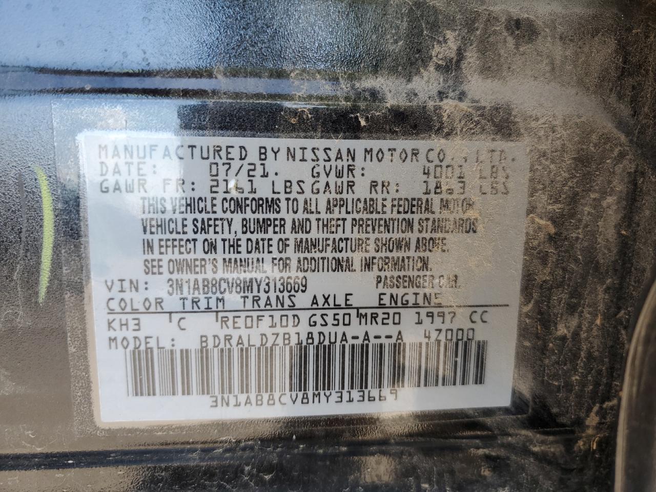 2021 Nissan Sentra VIN 3N1AB8CV8MY313669 Copart auction photo, all over / frame damage damage thumbnail 13
