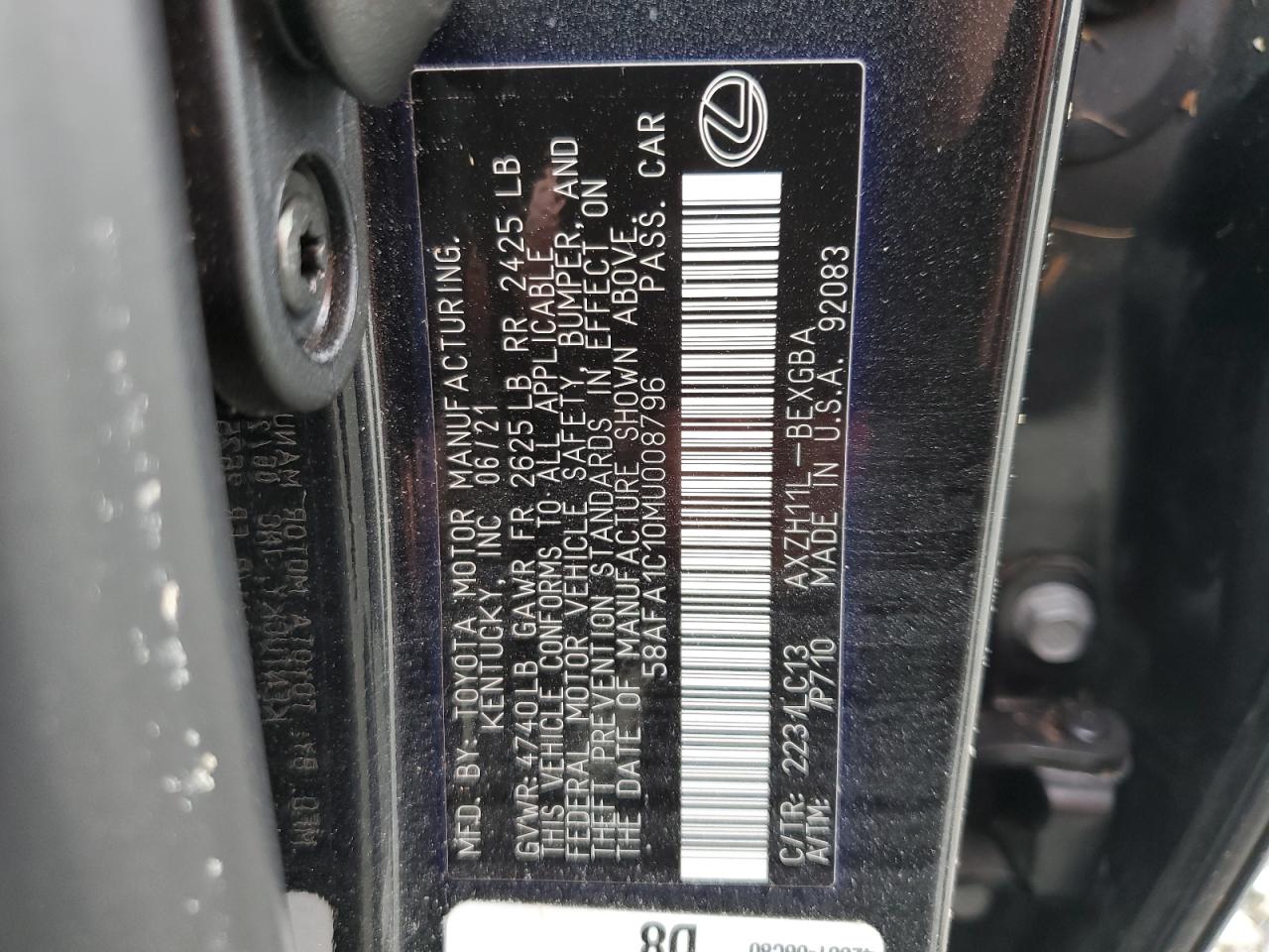 2021 Lexus ES VIN 58AFA1C10MU008796 Copart auction photo, water/flood damage thumbnail 13