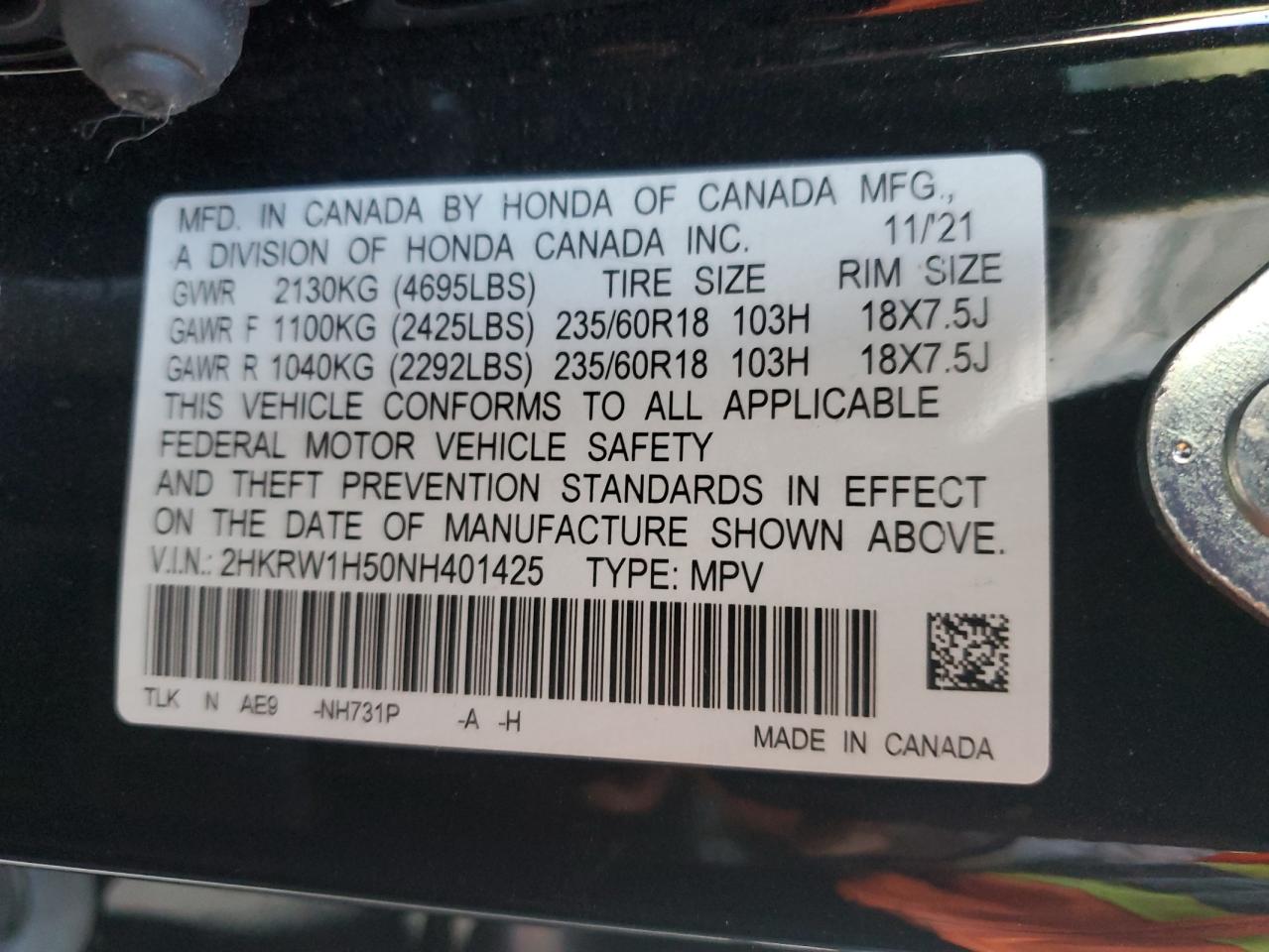 2022 Honda CR-V VIN 2HKRW1H50NH401425 Copart auction photo, front end / side damage thumbnail 16