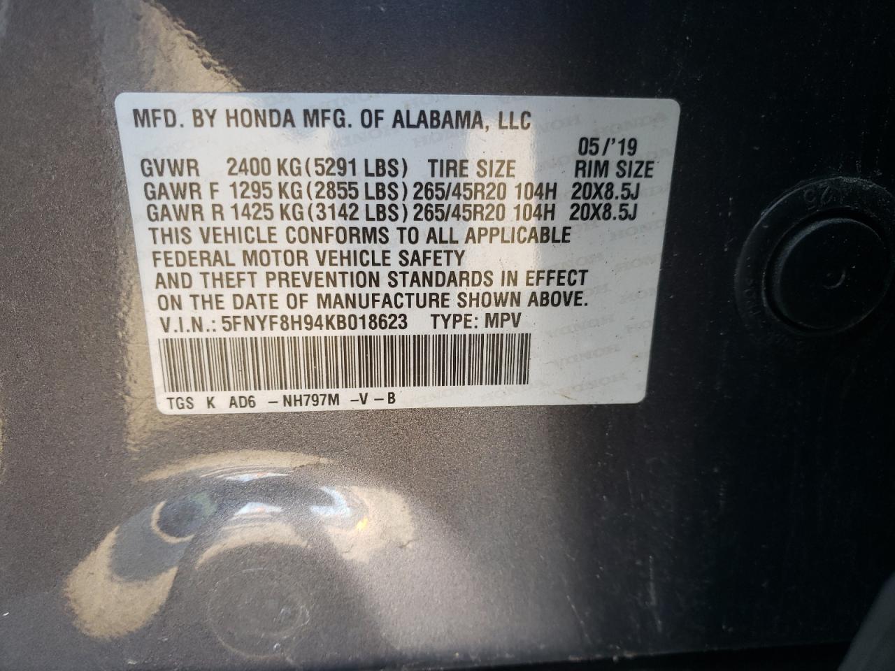 2019 Honda Passport VIN 5FNYF8H94KB018623 Copart auction photo, front end / minor dent/scratches damage thumbnail 15