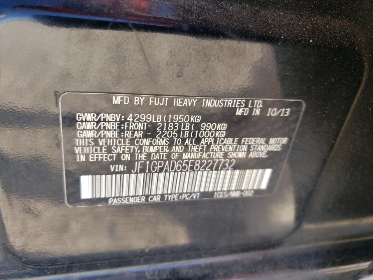 2014 Subaru Impreza VIN JF1GPAD65E8227732 Copart auction photo, front end damage thumbnail 13