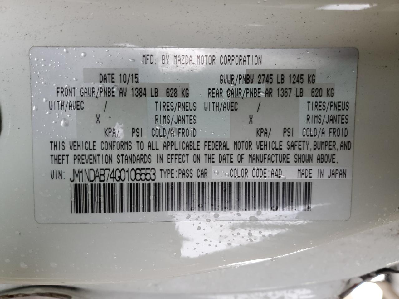 2016 Mazda MX-5 VIN JM1NDAB74G0106553 Copart auction photo, front end damage thumbnail 14