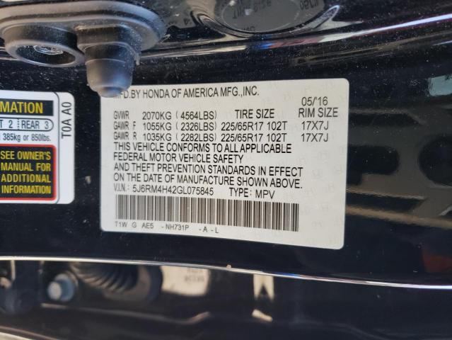 2016 Honda CR-V VIN 5J6RM4H42GL075845 Copart auction photo, front end / side damage thumbnail 13