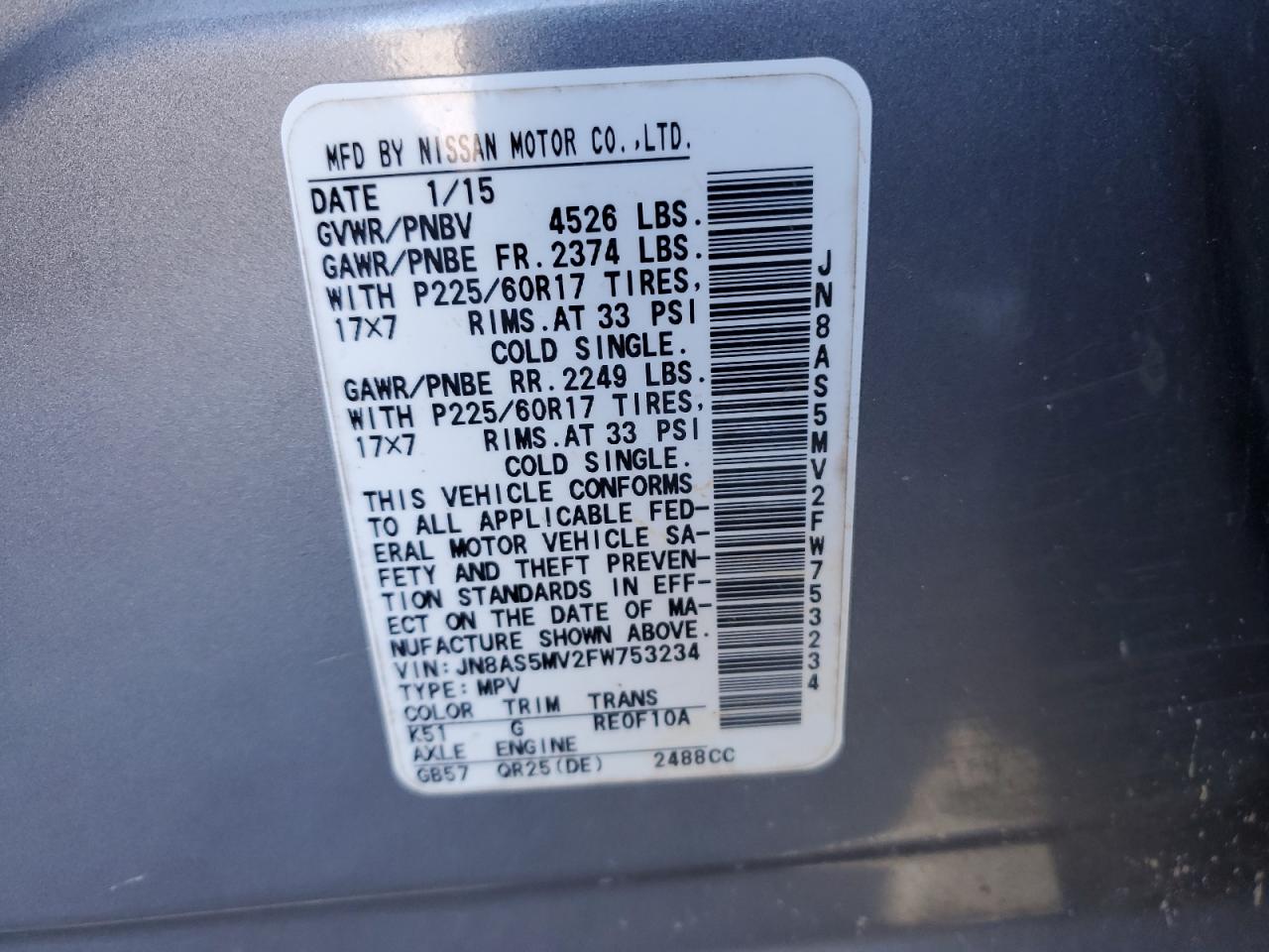 2015 Nissan Rogue VIN JN8AS5MV2FW753234 Copart auction photo, front end damage thumbnail 15