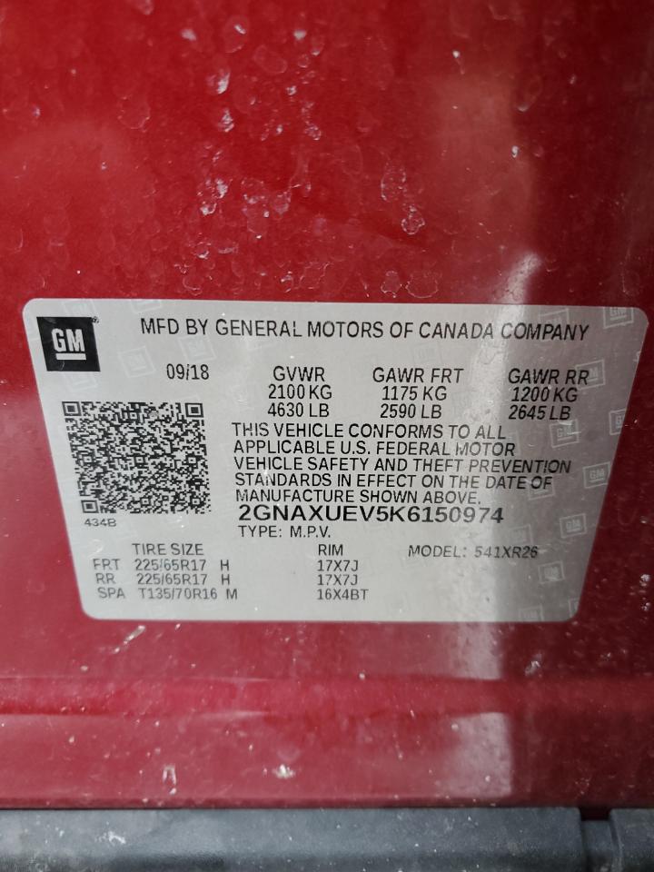 2019 Chevrolet Equinox VIN 2GNAXUEV5K6150974 Copart auction photo, front end / side damage thumbnail 15