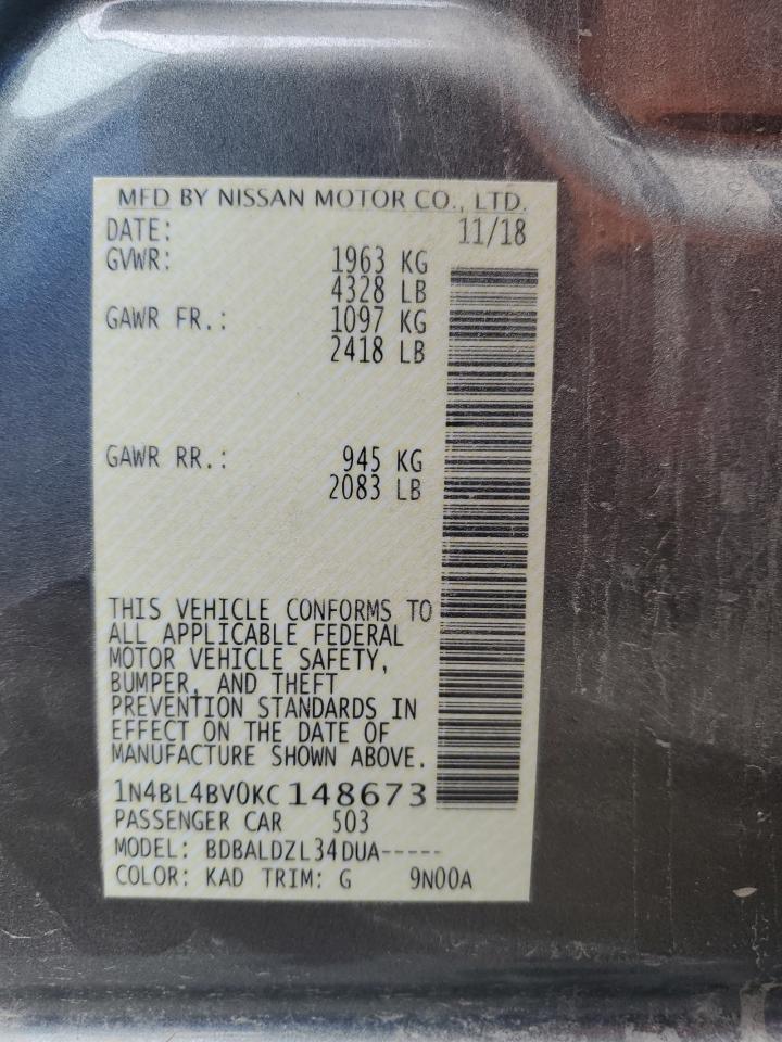 2019 Nissan Altima VIN 1N4BL4BV0KC148673 Copart auction photo, front end damage thumbnail 12