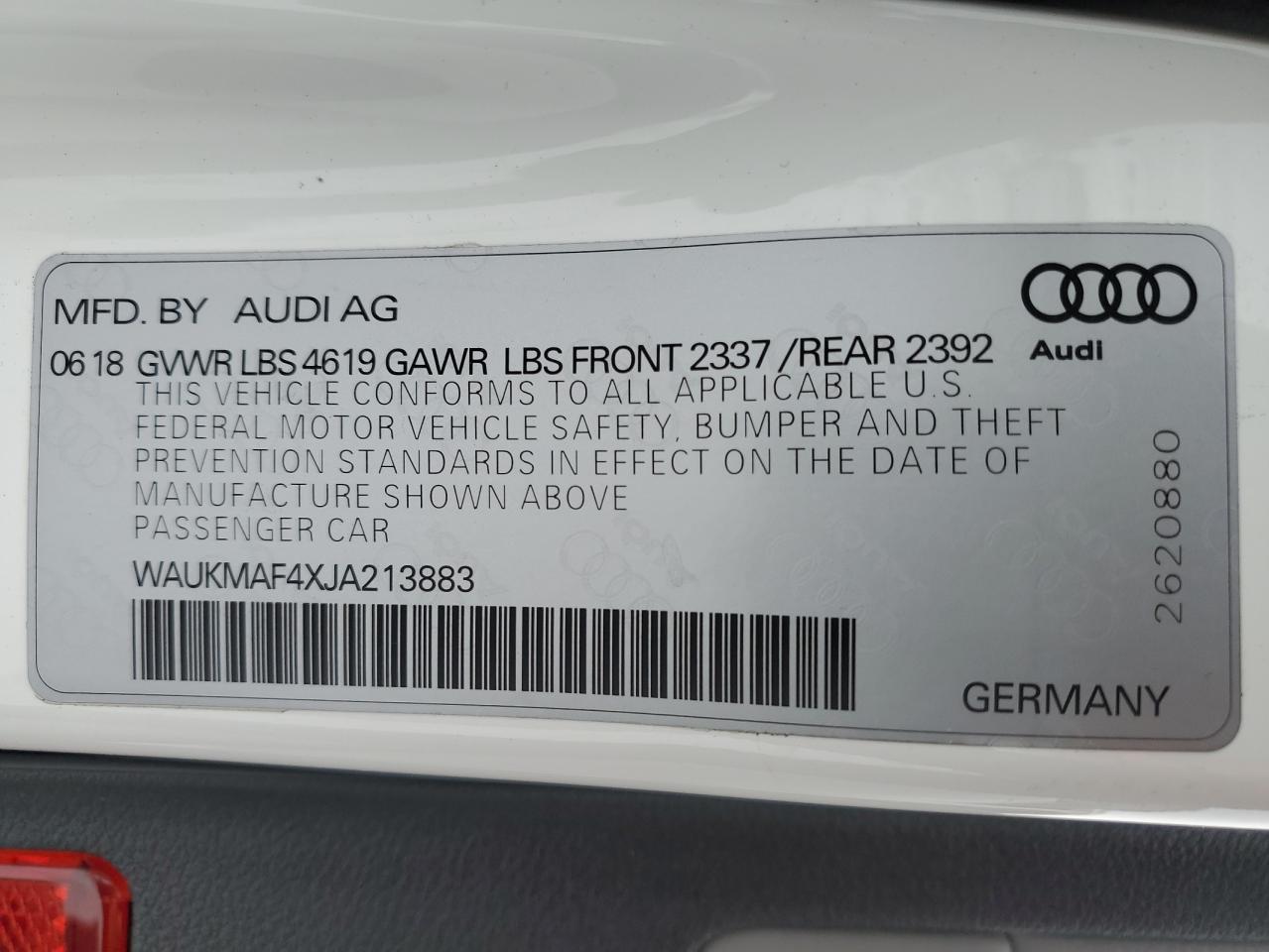 2018 Audi A4 VIN WAUKMAF4XJA213883 Copart auction photo, front end / side damage thumbnail 14