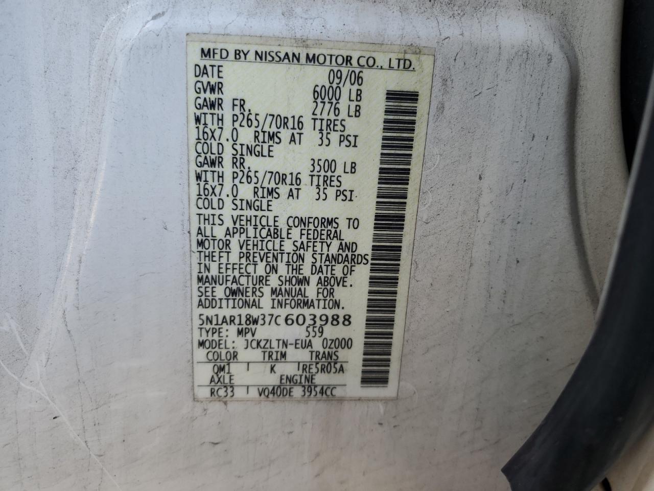 2007 Nissan Pathfinder VIN 5N1AR18W37C603988 Copart auction photo, rear end / minor dent/scratches damage thumbnail 13