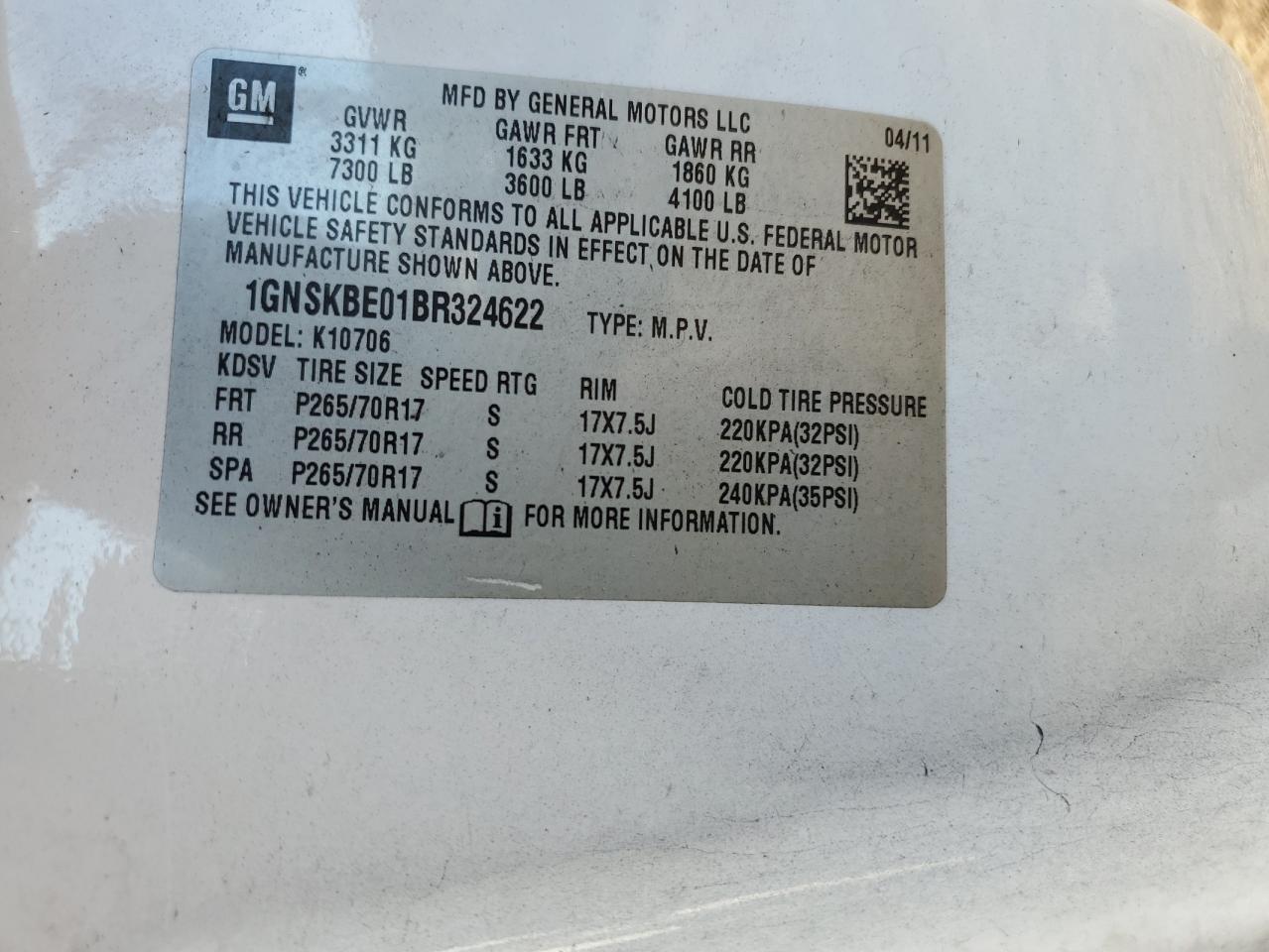 2011 Chevrolet Tahoe VIN 1GNSKBE01BR324622 Copart auction photo, front end / minor dent/scratches damage thumbnail 14