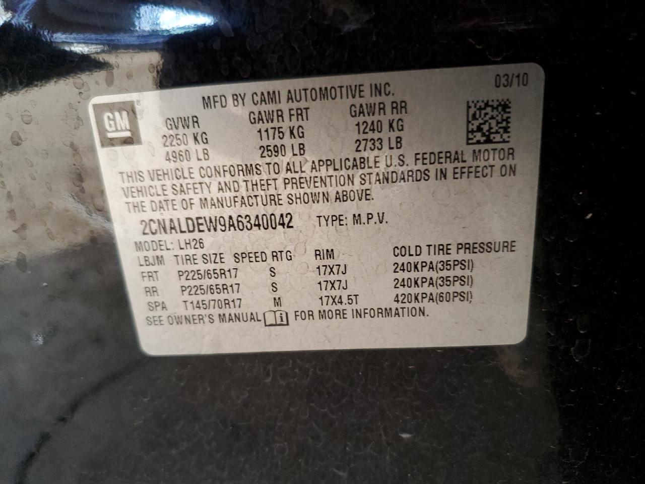 2010 Chevrolet Equinox VIN 2CNALDEW9A6340042 Copart auction photo, front end / minor dent/scratches damage thumbnail 12