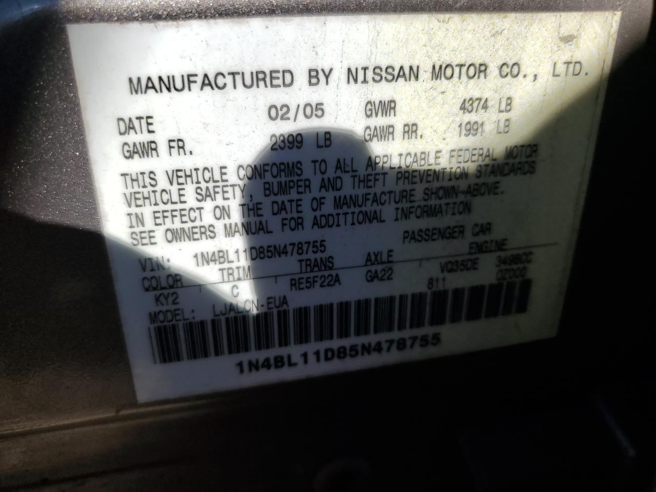 2005 Nissan Altima VIN 1N4BL11D85N478755 Copart auction photo, all over / mechanical damage thumbnail 13